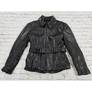 Custom Leather Motorcycle Biker Heavy Jacket Pockets Belted WOMENS SIZE LARGE